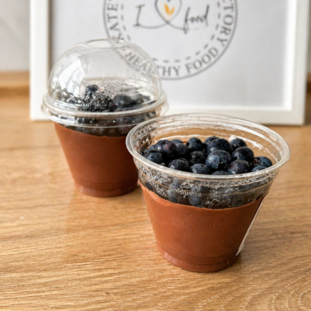 Rich chocolate mousse with apple & cinnamon and blueberry