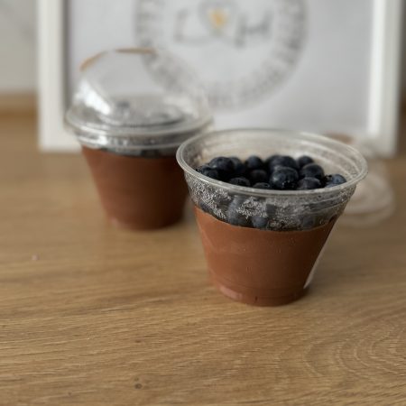 Rich chocolate mousse with apple & cinnamon and blueberry
