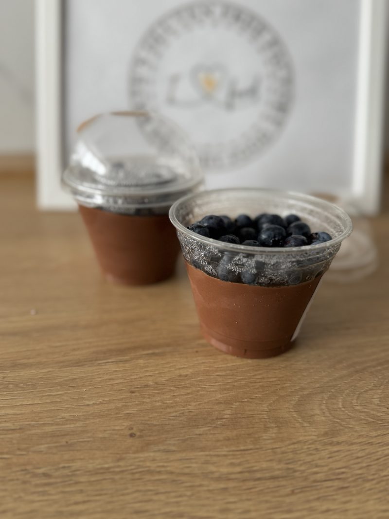 Rich chocolate mousse with apple & cinnamon and blueberry