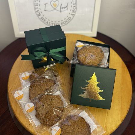 Gluten Free Oat Cookies Christmas Gift Box 4 Chewy Cookies with Dark Chocolate & Walnuts, Individually Wrapped, Festive Green Box