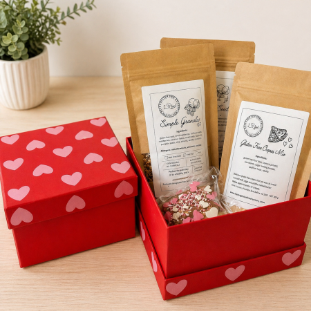 Valentine’s Treat Box – Special Edition | Gluten-Free Gift Box | Granola + Crêpes Mix + Gingerbread Heart |